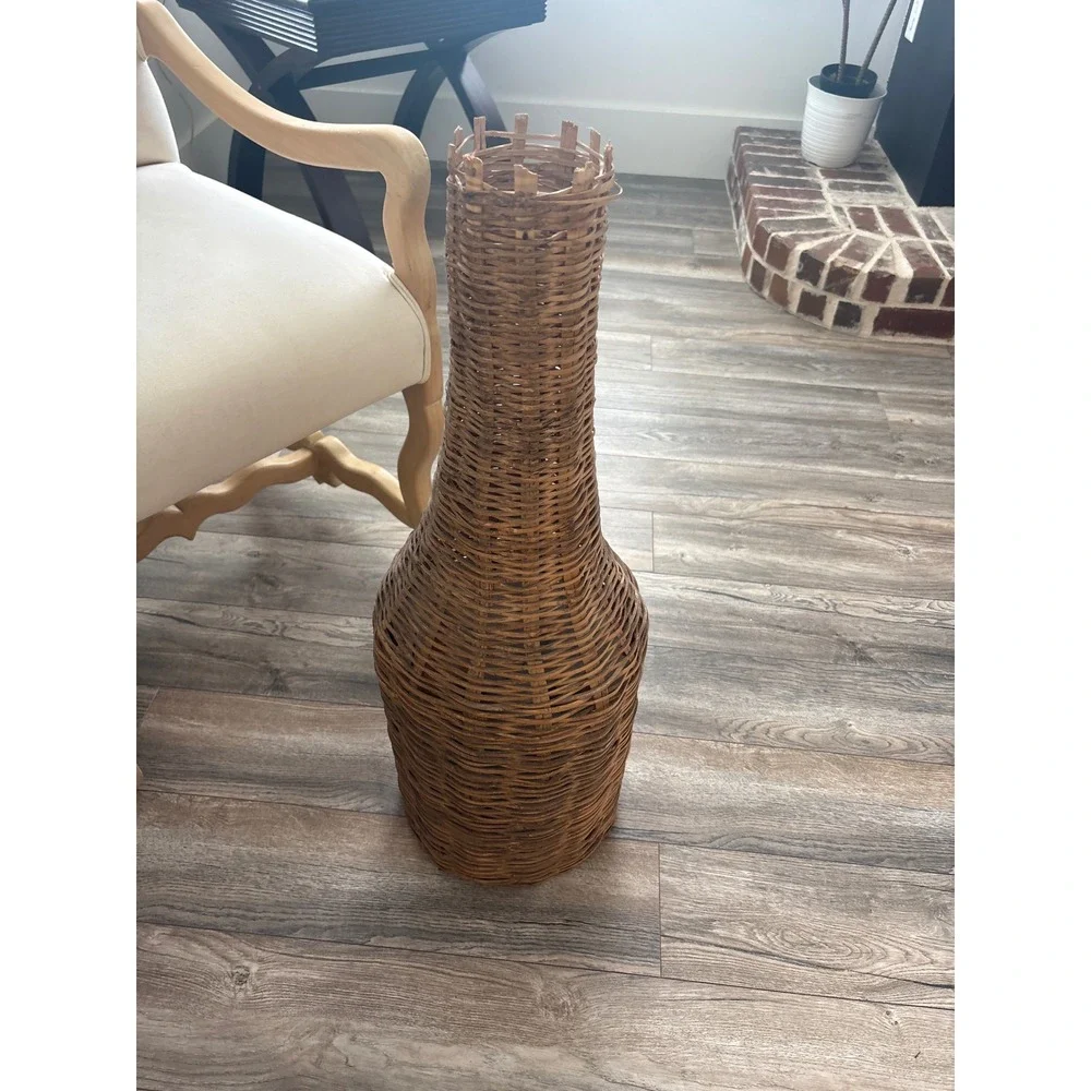 Vintage 60's Tall Woven Wicker Floor Vase Natural Rattan Boho